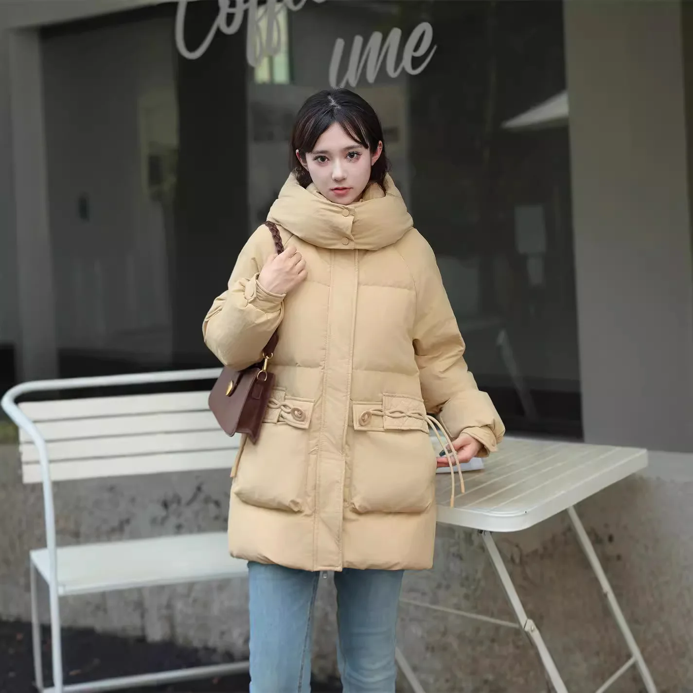 معطف نسائي سميك بغطاء للرأس كبير الحجم، جاكيت أبيض من ريش الإوز، كاجوال دافئ، معطف متوسط الطول، سترة ثلج #6