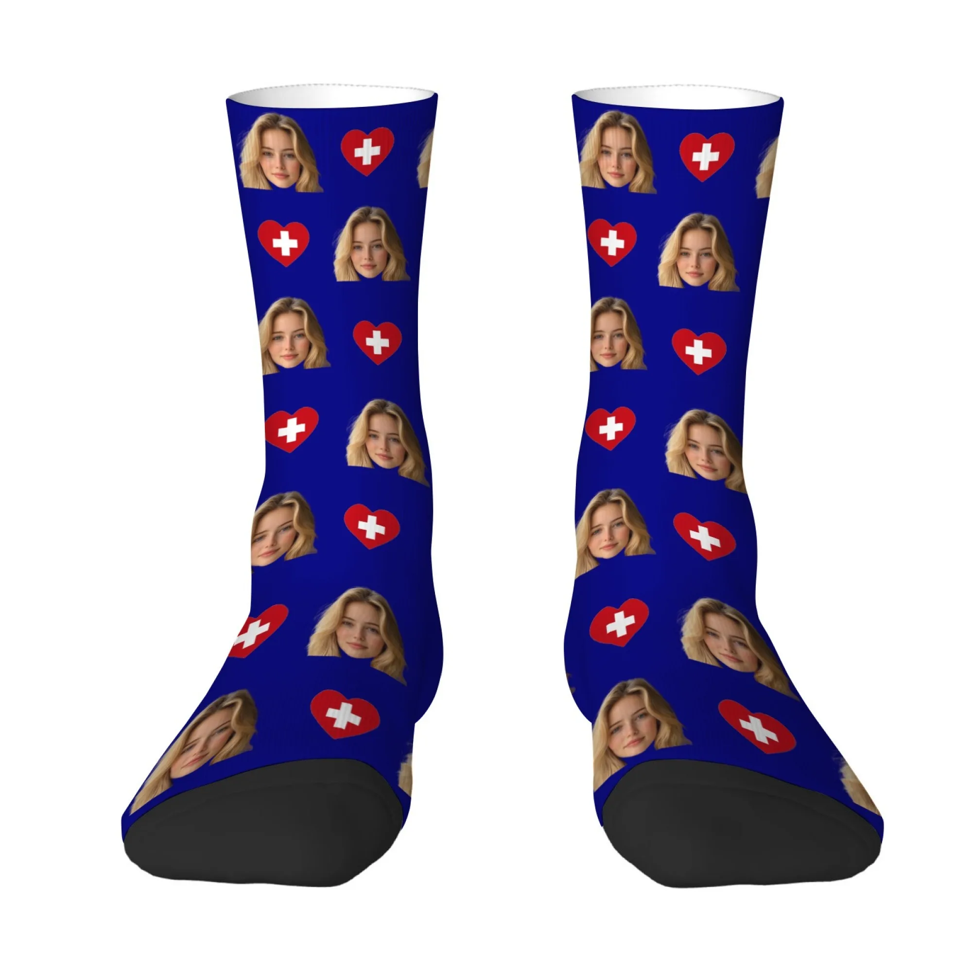 Custom Your Face Swiss Flag Socks Personalized Photo Print Blue Stockings Novelty Gift for Swiss Fans view 2