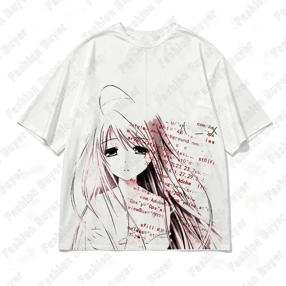 Oversized Sad Anime Girl Graphic Tee Men Women Code Glitch Manga Print Y2k Grunge Harajuku Streetwear Cotton Casual Daily Tops