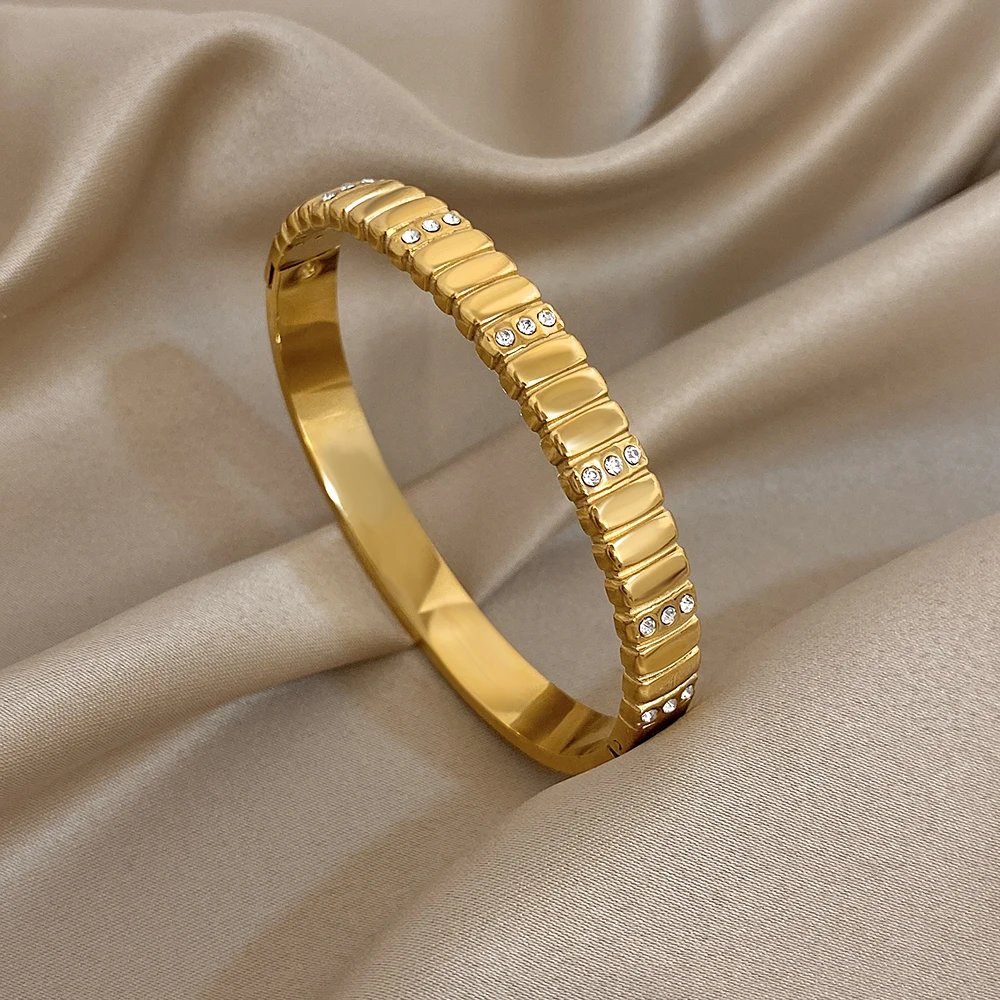 

Freestry Exquisite Zircon Round Stainless Steel Bracelet Women Luxury Geometric Gold Color Open Spring Bangle Waterproof Jewelry