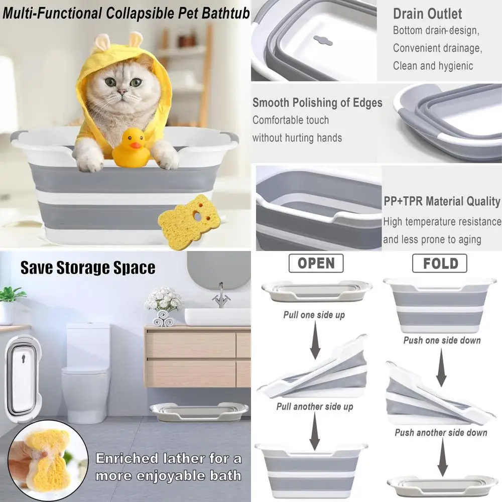 

Multi-Functional Collapsible Dog Bathtub with Brush,Drainage Hole, 7.1 Gal/27L Portable Laundry Basket, Foldable Small Pets Bath
