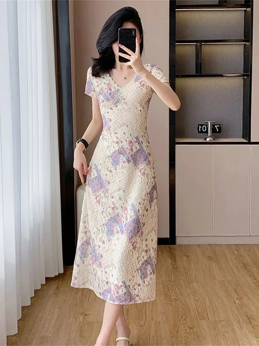 

Summer French Vintage Floral Lace Print Woman Dresses Elegant Sweet V-Neck Short Sleeve Slim Long Dresses