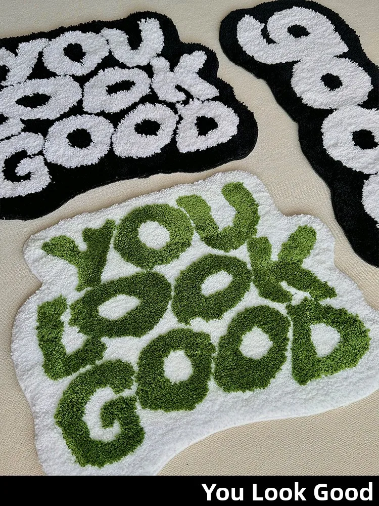 Modern Minimalist Green Black Letter Carpet Irregular Shape Anti-Slip Water Absorbent for Bedroom Wardrobe Living Room Home Use