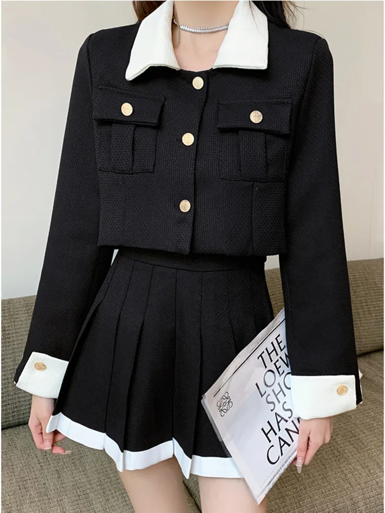 2024 fall High Quality ensemble femme 2 Piece Sets Women Outfits Fashion Short Jacket Coat + Pleated Skirt conjuntos de falda