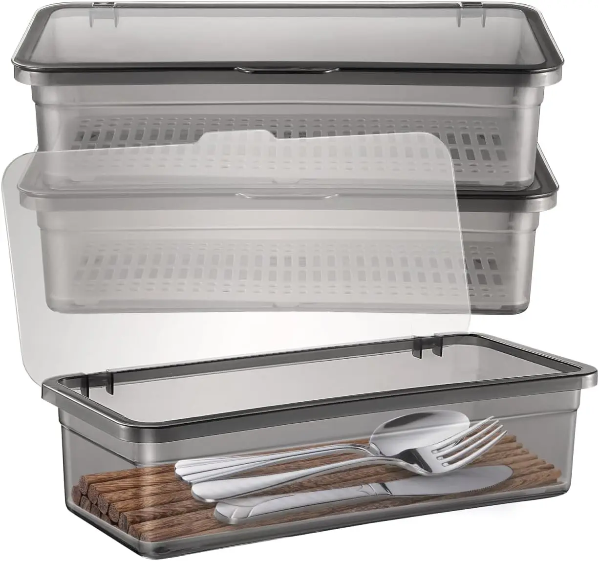 3 Pack Silverware Organizer with Lid, Cutlery Tray Utensil Holder for Kitchen Drawer, Dustproof