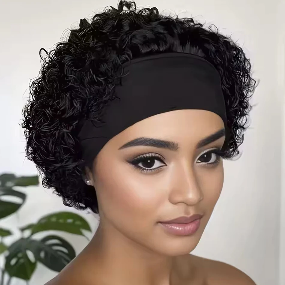 

Kinky Curly Headband Wigs Wear And Go Glueless Human Hair Wig Brazilian Full Machine Made Black Short Curly Bob Wigs For Women