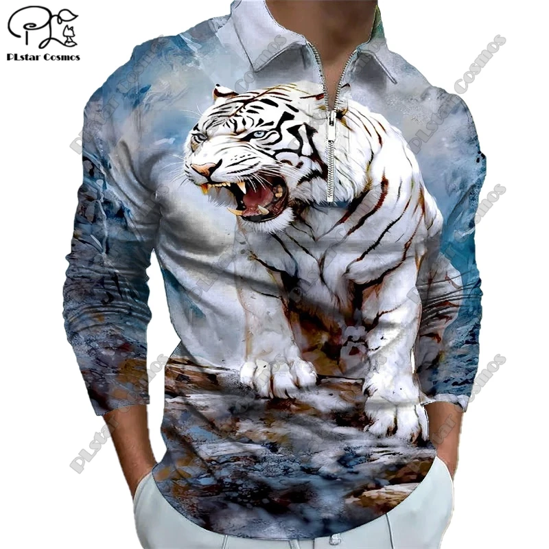 

New Long Sleeve Zipper Polo Shirt 3D Printing Tiger Lion Forest King Dark POLO Long Sleeve T Shirt Unisex Gift