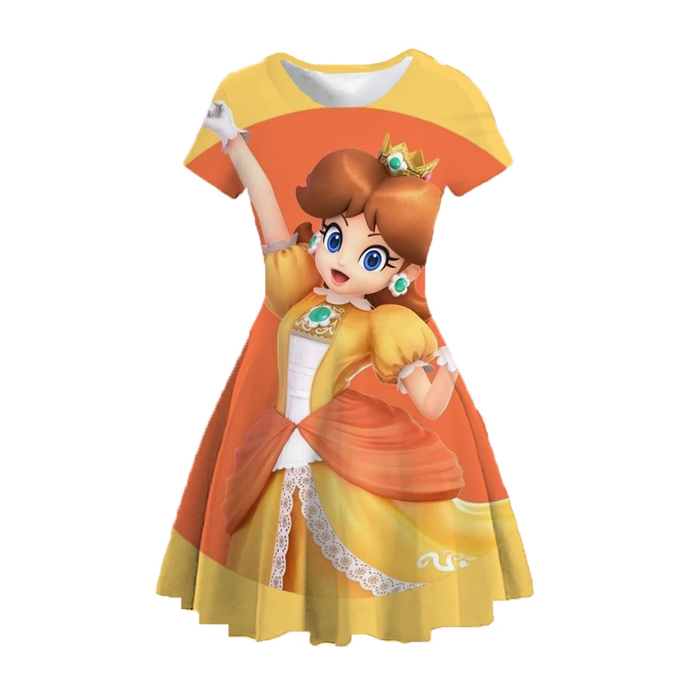 New Summer Children\'s Clothing Peach Princess Print Girls Casual Cartoon Character Christmas Dress 1-14 Years Old 2024