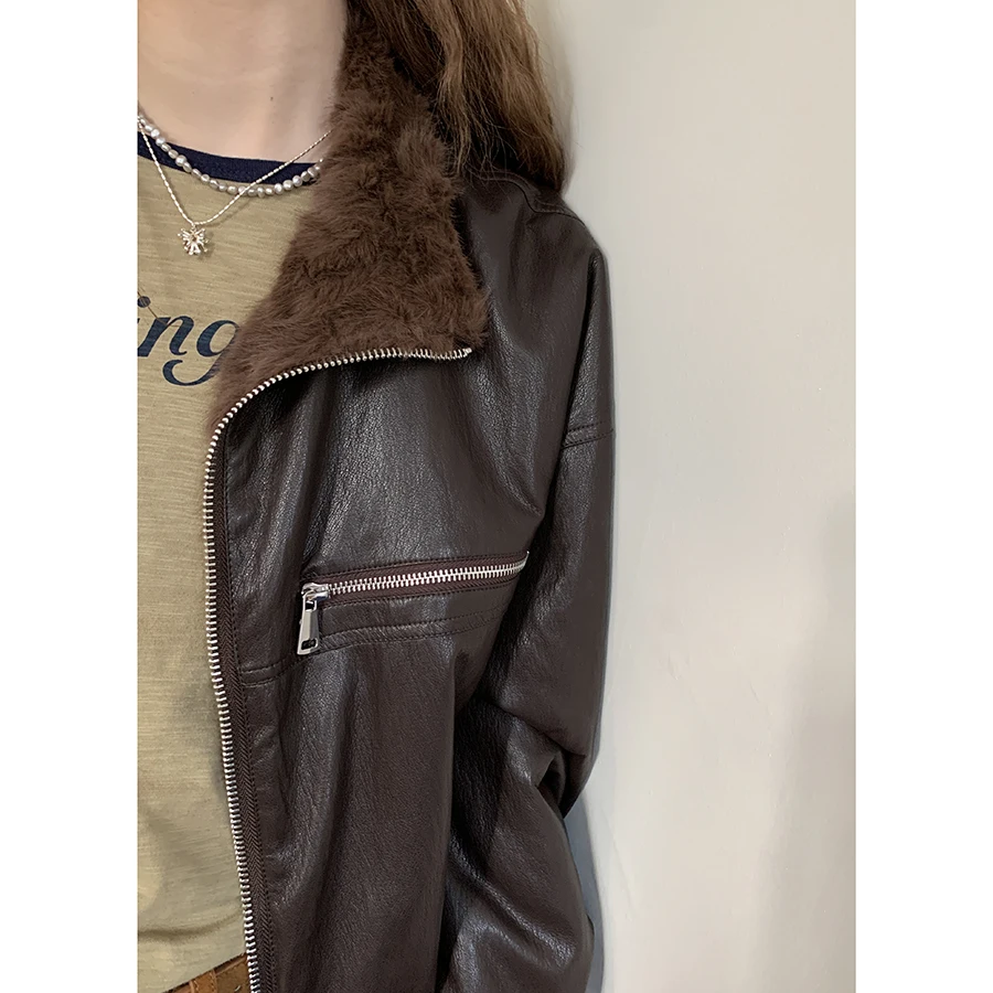 Jaqueta Leve de Couro com Gola de Pele Sintética Estilo Retrô Coreano para Motocicleta em Couro PU