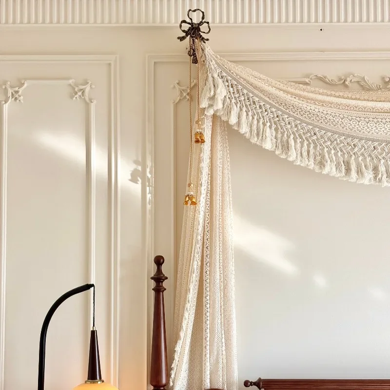 Brass bed mantle frame bedside French door curtain lace tassel south French style home decoration bedroom shooting background