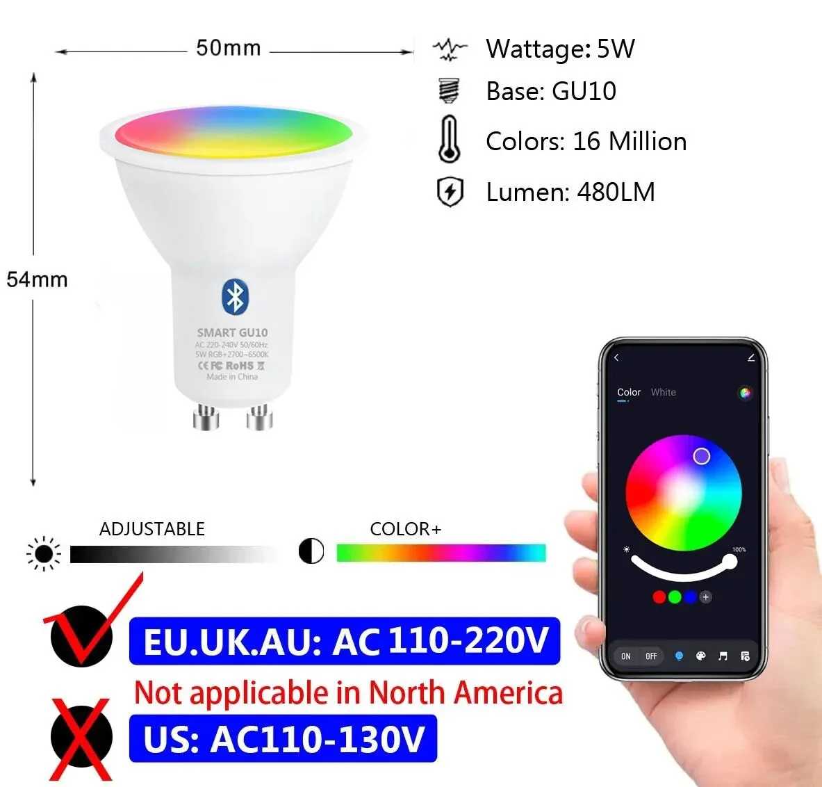 GU10 Bluetooth Smart LED Bulb Tuya Light Bulbs Dimmable Spotlight Bulb 220V 9W E27 RGB+CW LED Color Change Lamp For Home