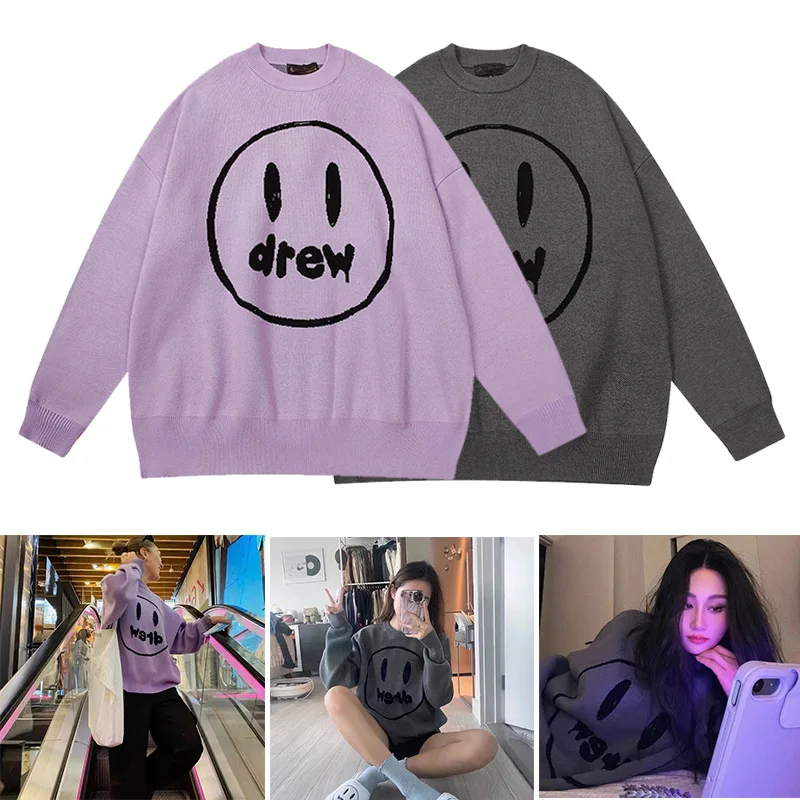 

Drew House Premium Quality Smiley Face High-Street Oversized Sweater Unisex Couple's Crew Neck Knit