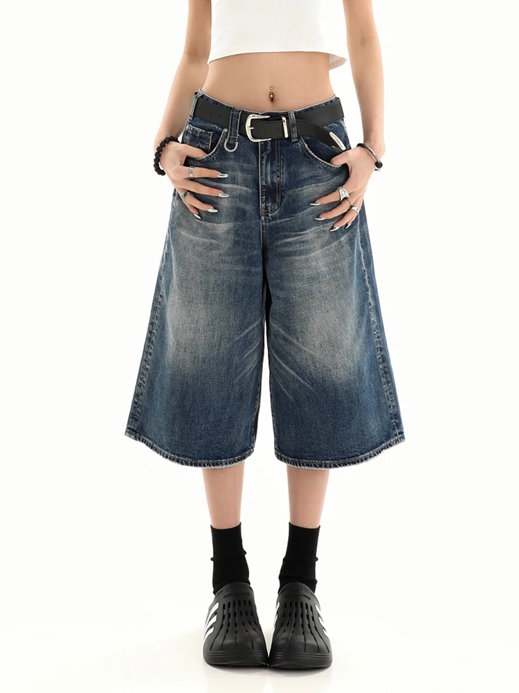 

Retro Blue Knee Length Denim Shorts For Women 2024 Y2k Trendy Casual Summer Bermuda Jeans Short Loose Wide Leg Pants Streetwear