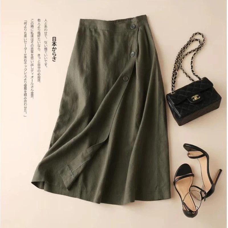 2022 Spring Summer New Arts Style Women High Waist Loose A-line Skirt Button Design All-matched Casual cotton linen Skirts C454