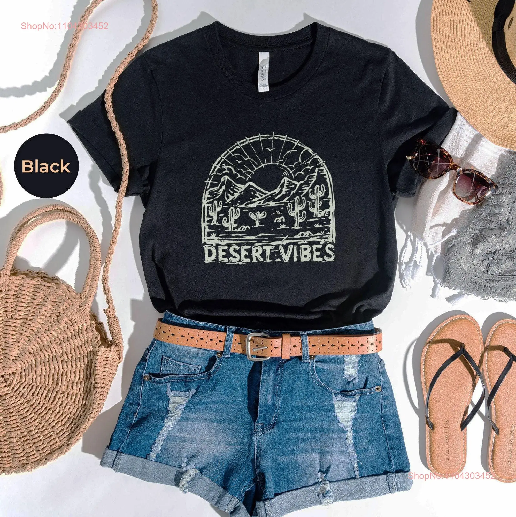 Desert Vibes Southwestern Themed T Shirt Hiking Boho Wilderness Cool Outdoors Print Cactus Art Sun long or short sleeves