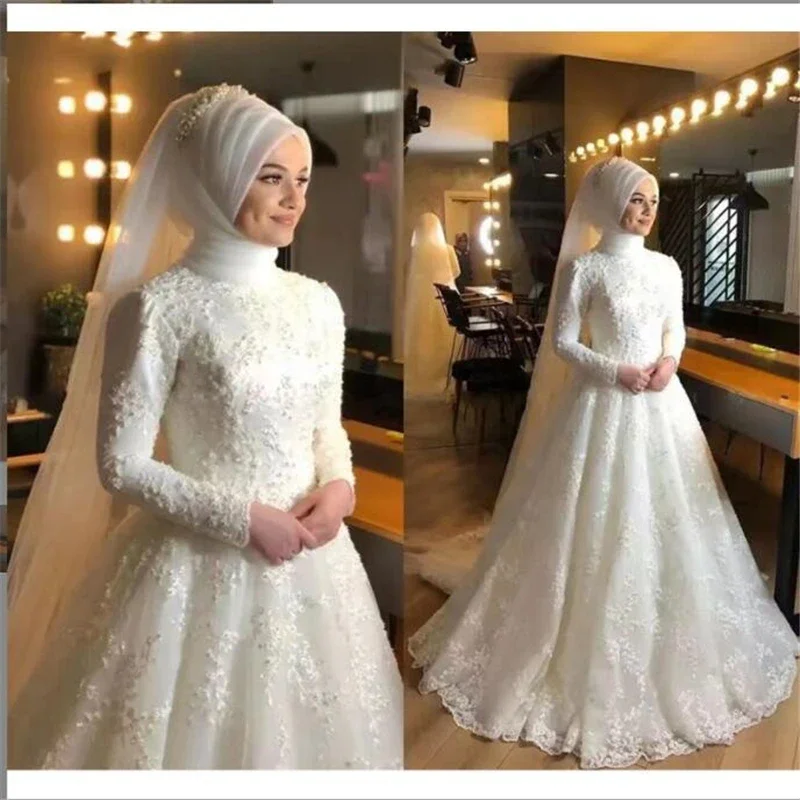 ชุดเจ้าสาวลูกไม้แขนยาวทรง gaun pengantin muslimah สำหรับเจ้าสาวชุดเจ้าสาวคอสูงแนว2024สำหรับผู้หญิงอาหรับ