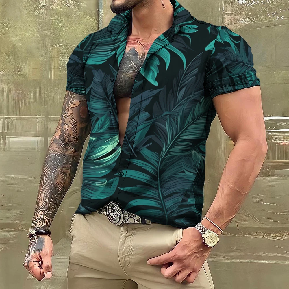 2024 Hawaiian Leaf Plant Shirts For Men Floral Short Sleeve Casual Oversized Tops Social Everyday Streetwear Clothing Tropical