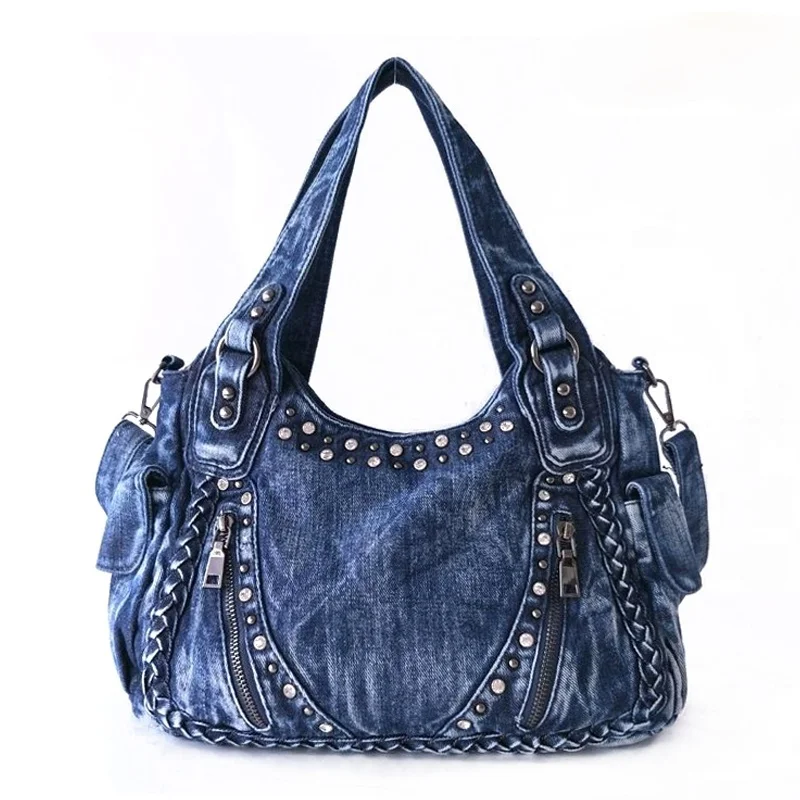 Shoulder Bag Jeans Fashion Denim Women Diamonds Tassel Weave Rivet Tote Bag Purses and Handbags Hobo Bag Ladies Messenger Casual