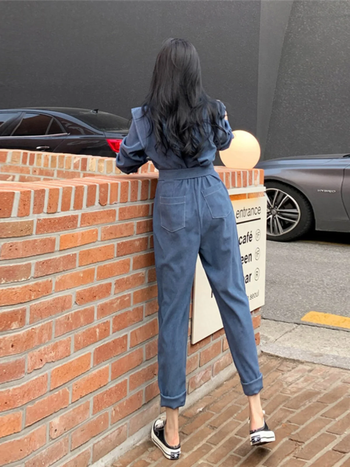 ارتفاع الخصر وزرة الدنيم المرأة عارضة فضفاضة تناسب مجموعة القرد الذاكرة العميقة اللون الخريف موسم Faion عمال نيسيي