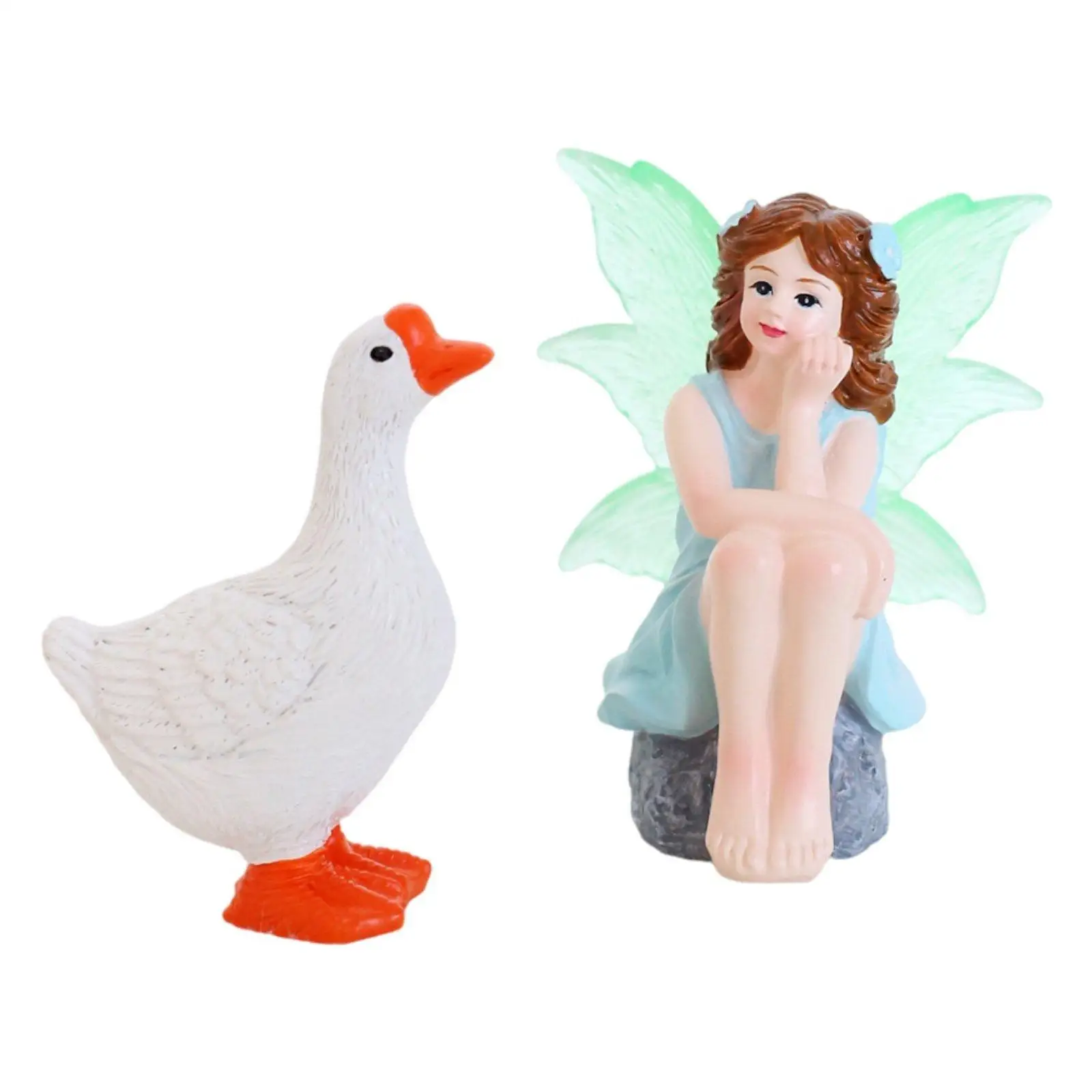 2 Pieces Girl and Goose Statue Planter Decoration Duck & Backyard Statue Cute Design Magical Maiden Figurine for Balcony, Yard