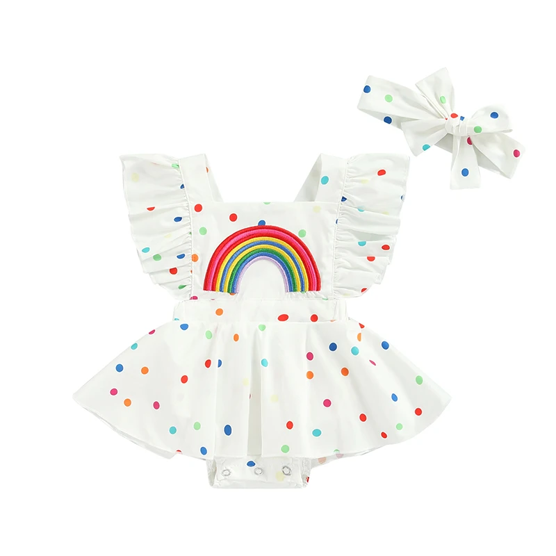 

Baby Girl Romper Dress Rainbow Ruffle Sleeveless Romper Dress Dots Bodysuit Jumpsuit with Headband Set Summer Outfit