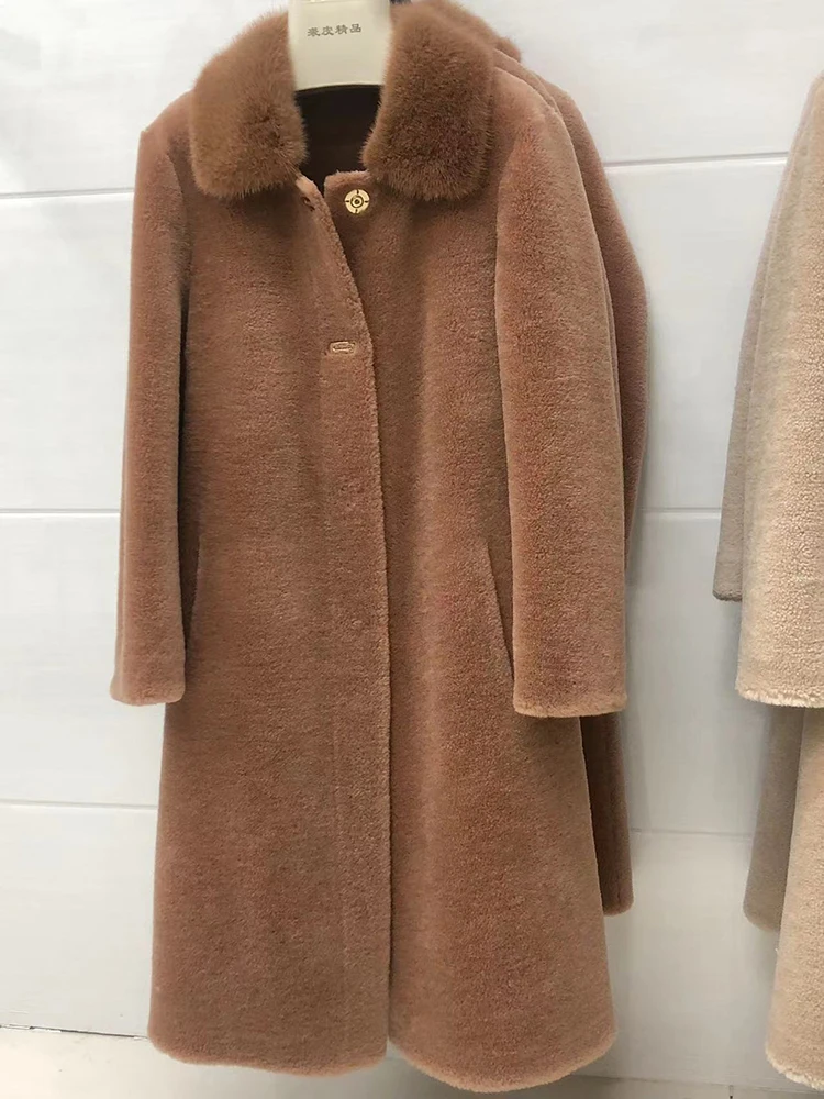 النساء الشتاء الجمل 100% الأغنام الفراء سترة طويلة معطف فرو المنك الحقيقي طوق طويل الصوفية شتاء دافئ ملابس خارجية