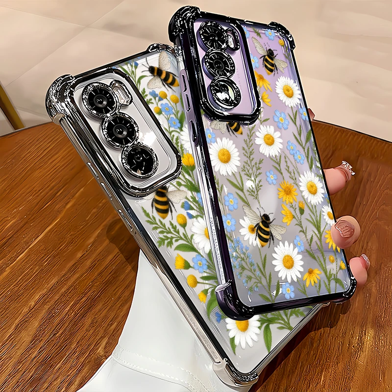 Cute Bee Daisy Floral Pattern Phone Case For OPPO Reno 11 Pro 11F 10 8T 8Z 7 6 Lite 5 4 Anti Scratch Plating Silicone Cases Capa