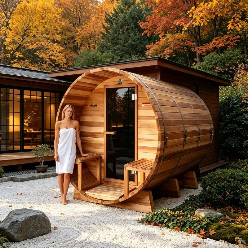 Red Cedar Outdoor Barrel Sauna Custom Profitable Investment Unit with Safety Smart System for Boutique Client Supply Customized