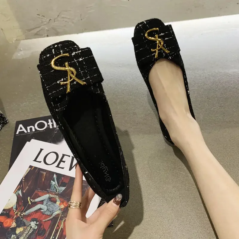 

2025 Women's Shallow Flats Casual Shoes Metal Letters Loafers Oxford Slip on Moccasins Female Suede Leather Footwear Flat Shoes