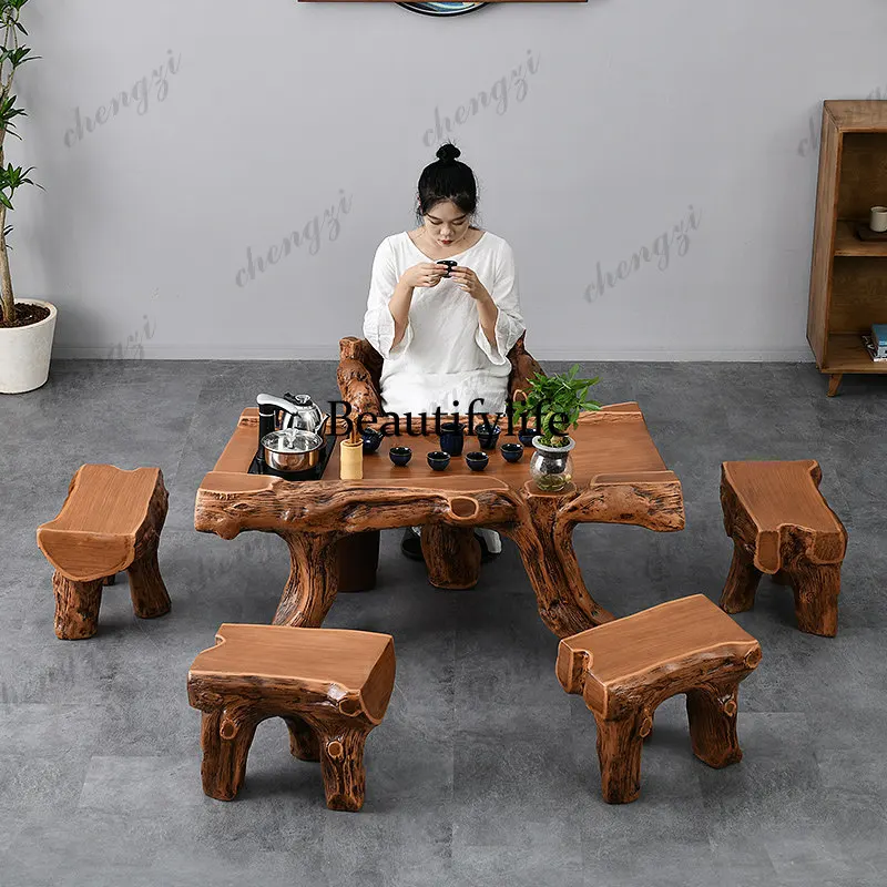 Imitation root carving tripod flat table new Chinese style tea table and chair combination office homestay high-end tea table