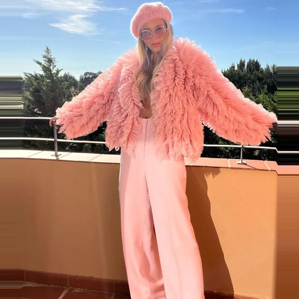 

2026 Spring Pink Women Coats With Long Sleeves Mesh Normal Length Birthday Jacket Cape Ruffles Women Outwear Tops