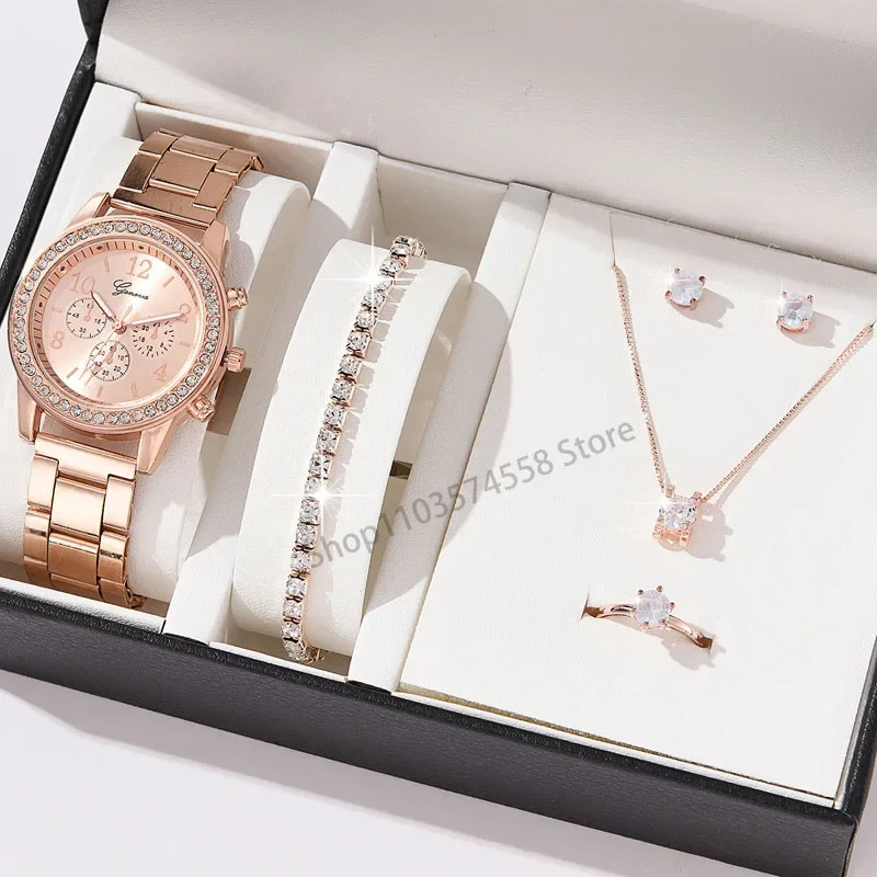 Hot selling five piece set for women's and women's watches, three eye set for quartz inlaid diamond watches, gift watches