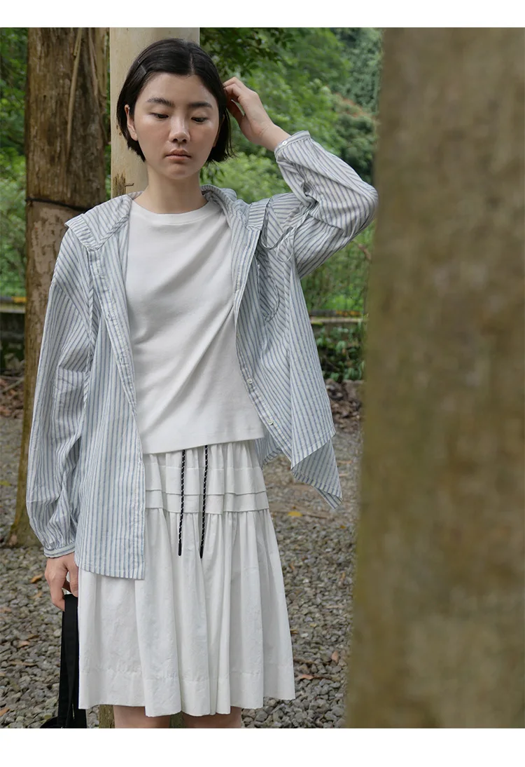 

Summer women's casual striped hooded long sleeved loose shirt