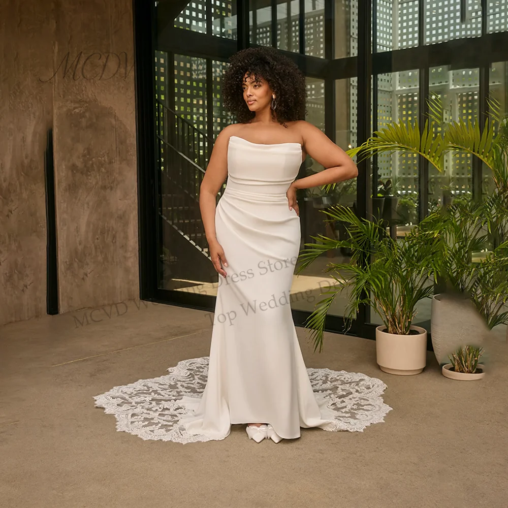 

Plus Size Mermaid Wedding Dress Strapless Satin Detachable Long Lace Sleeves Button Back Bridal Gown vestido noiva semi sereia