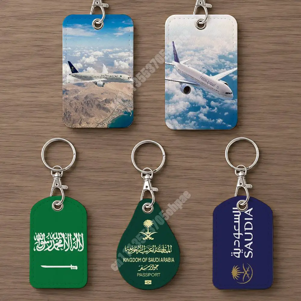 Airplane Passport Kingdom of Suadi Arabia Leather Keychain Card Holder for Airtag & Access Cards Modern Bus Pass