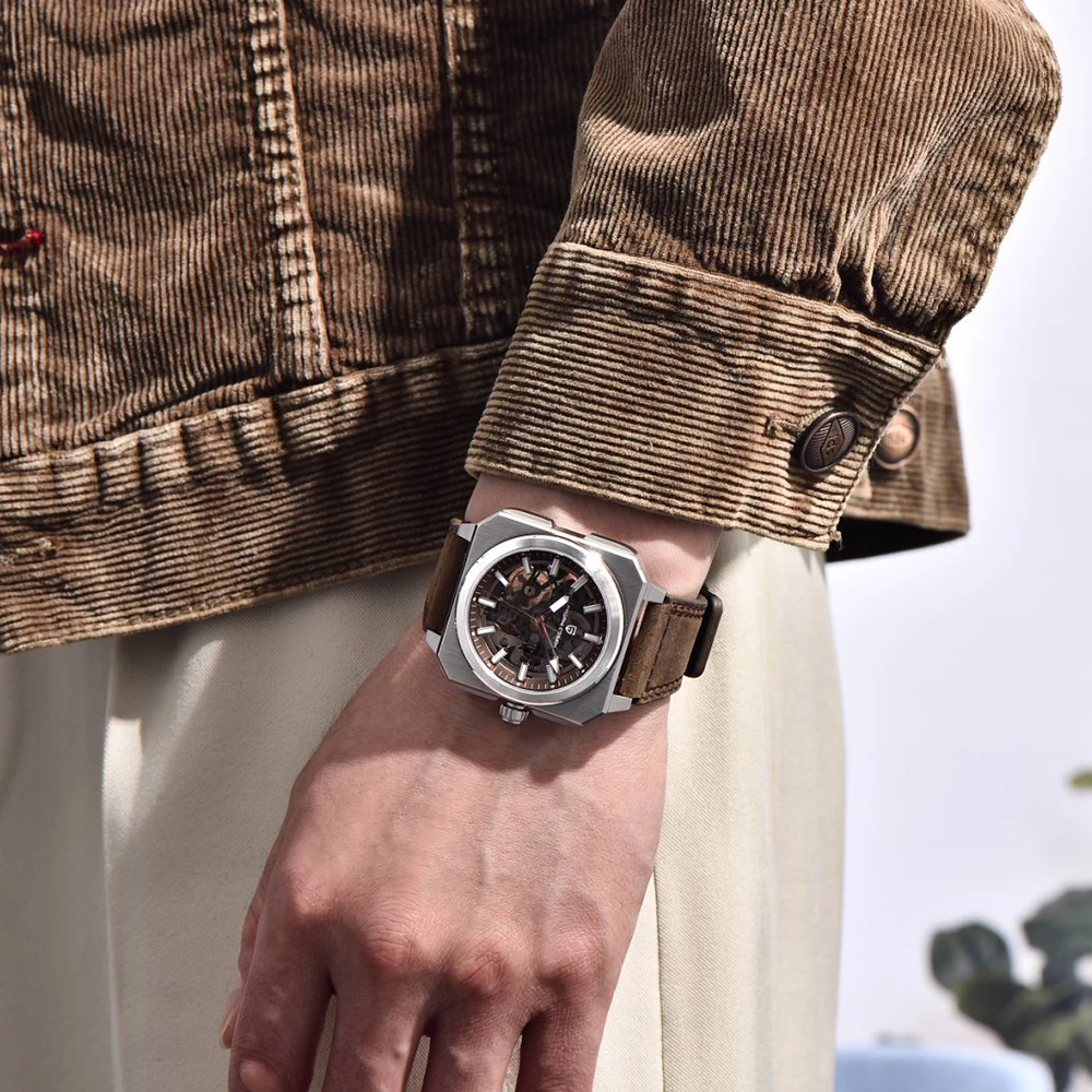 Top New PAGANI DESIGN Skeleton Sports Watch Casual Leather Waterproof Watch Automatic Mechanical Luminous Watches for Man+box
