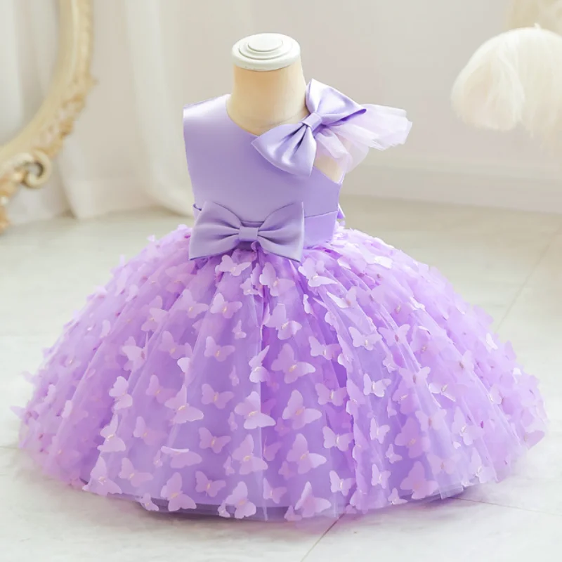 New Cute Butterfuly Flower Girls Brithday Wedding Dress Baby Kids Beauty Dress With Bownot