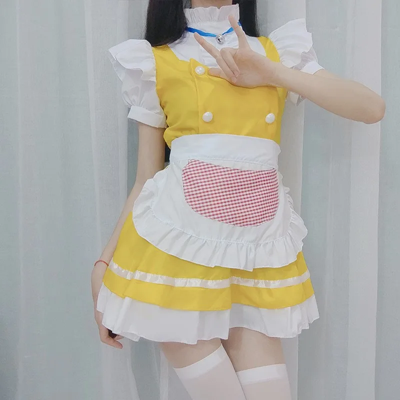 Vestido de sirvienta dulce amarillo para mujer, traje de Cosplay de Anime japonés, traje de mucama Lolita, traje de actuación de escenario de Halloween, uniforme Sexy