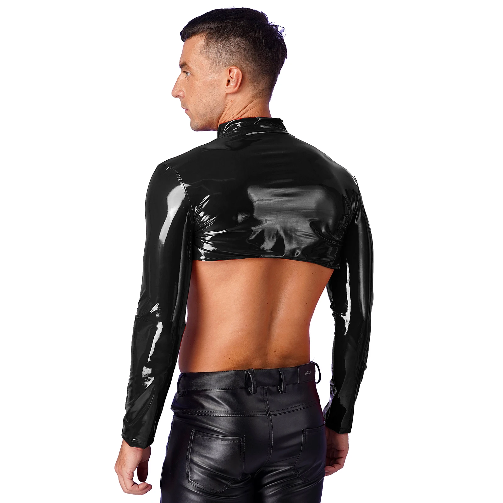 Mens Weet look manica lunga Crop Top Clubwear cerniera in pelle verniciata Shrug Slim Top che mostra Muscle Clubwear