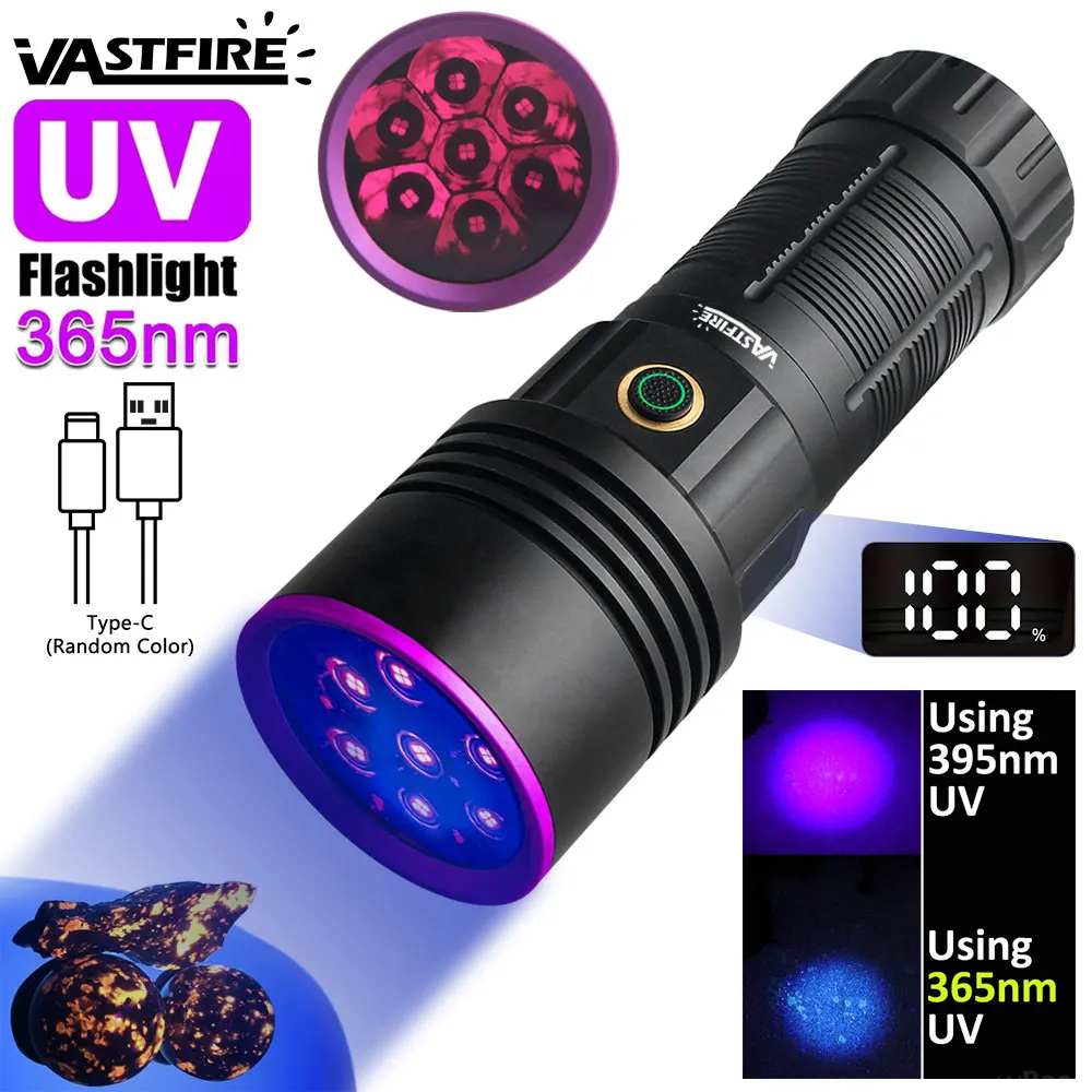 

High Power 365NM UV Flashlight Black Mirror Purple Light Detection Torch Powerful Type-C USB Rechargeable LED Ultraviolet Lamp