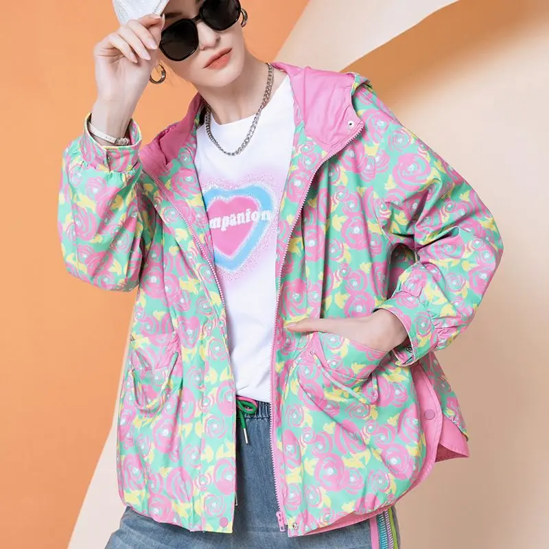 Printed Thin Coat Women's 2023 Spring/summer Off Shoulder Sleeves Fashion Contrast Color Panel Top Hooded Windbreaker