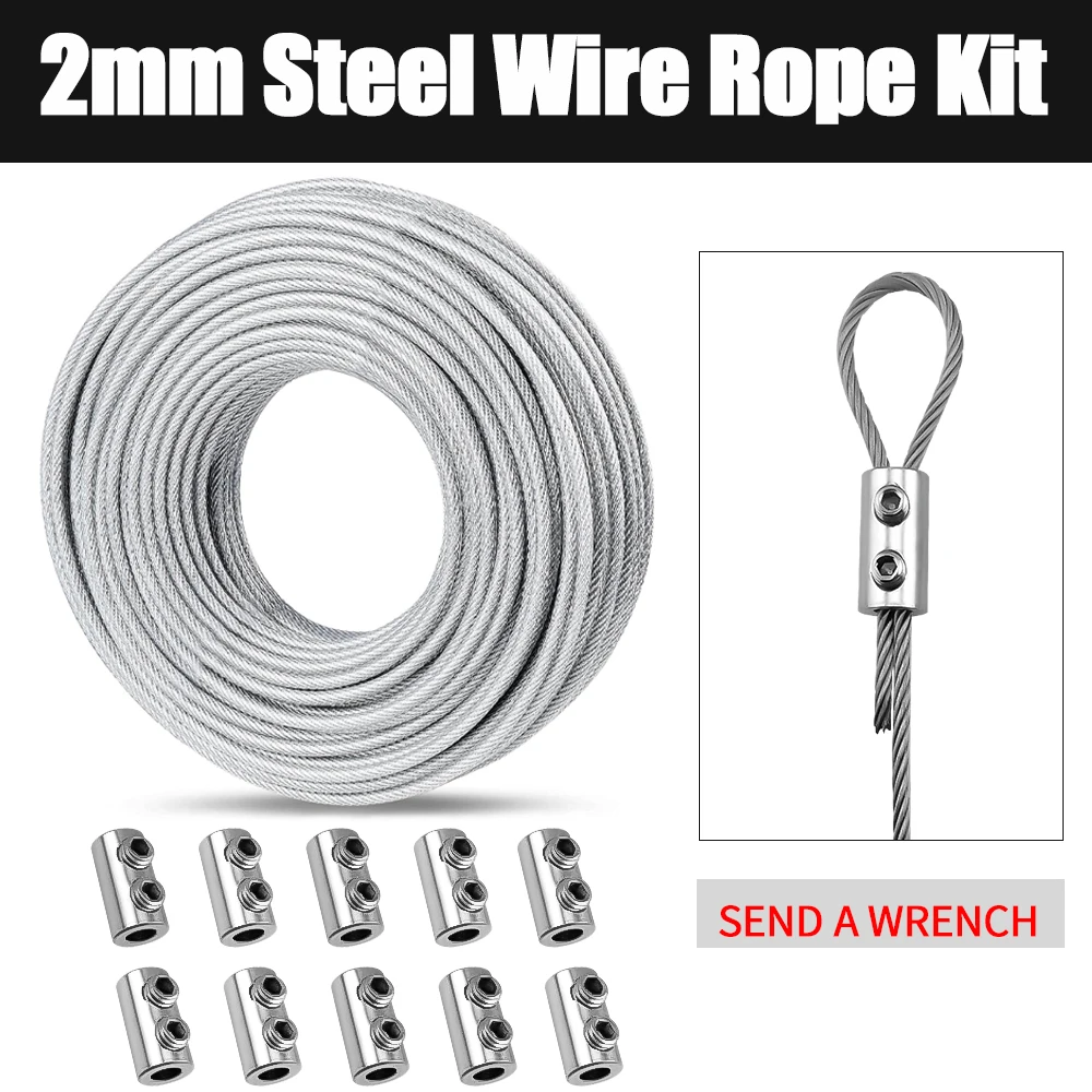 10/20M 2mm Stainless Steel Wire Rope Kit with PVC Coating and Cable Clamp for Clothesline Garden Railing Outdoor Fence Etc