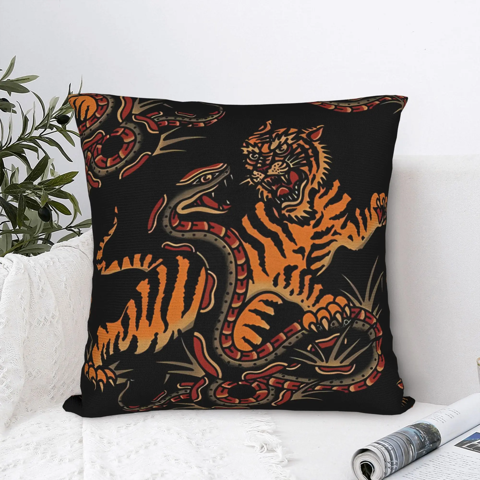 Tiger and Snake Art Pillow Cover, Traditional Tattoo Style Design Cushion Case for Living Room Bedroom Home Decor Gift