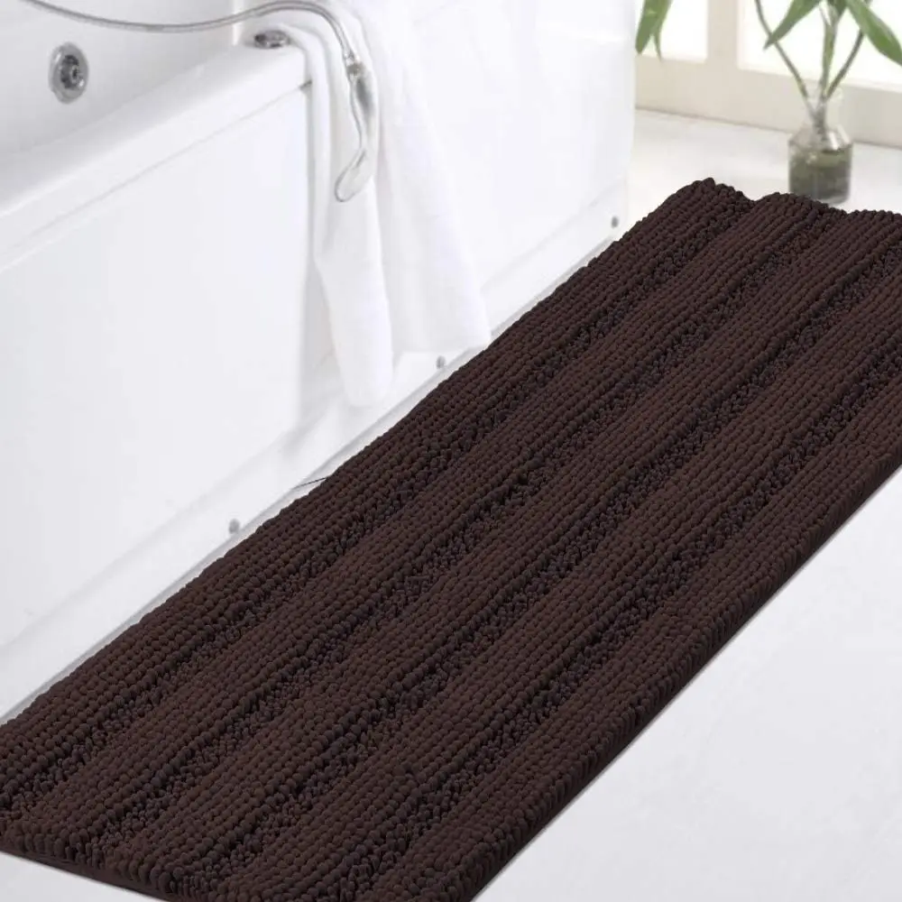 

Non Slip Shaggy Chenille Microfibers Bathroom Rug Brown Bath Room Mat Extra Long Bath Rug 47 x 17 Kitchen Rugs and Mats