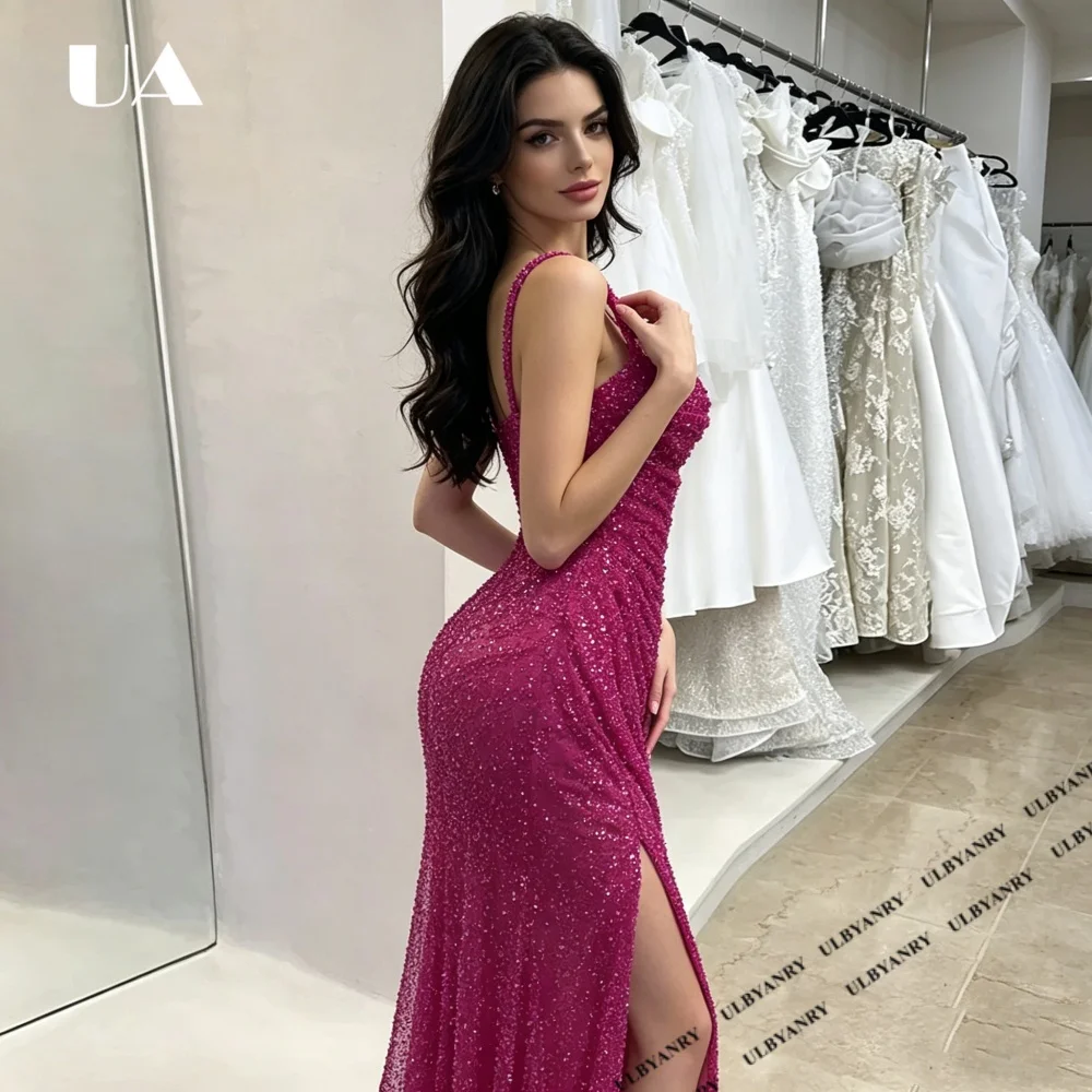 Exquisite Mermaid Sequins Evening Dress for Woman Gorgeous Spaghetti Strap Ruched Prom Dress Customized Formal Train Party Dress