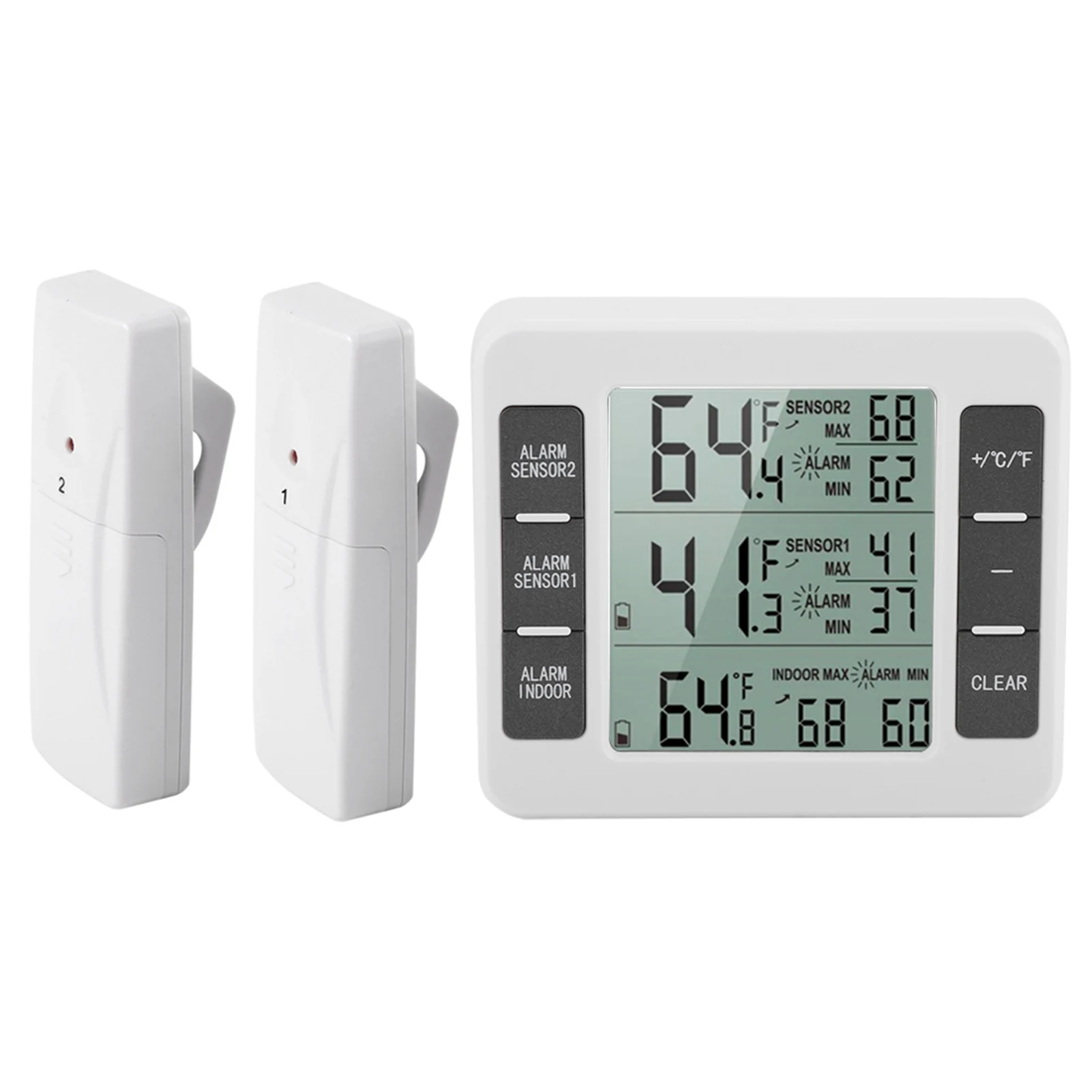 Wireless Digital Refrigerator Thermometer Audible Alarm with 2PCS Sensor Min/Maximum Display Digital Refrigerater Therometer