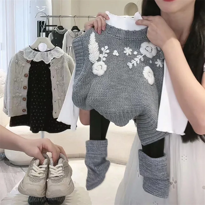 مجموعة النمط الكوري للربيع والخريف لعام 01-2025 للأطفال، سترة محبوكة رمادية أنيقة، سراويل ضيقة للفتيات الصغيرات، كاجوال
