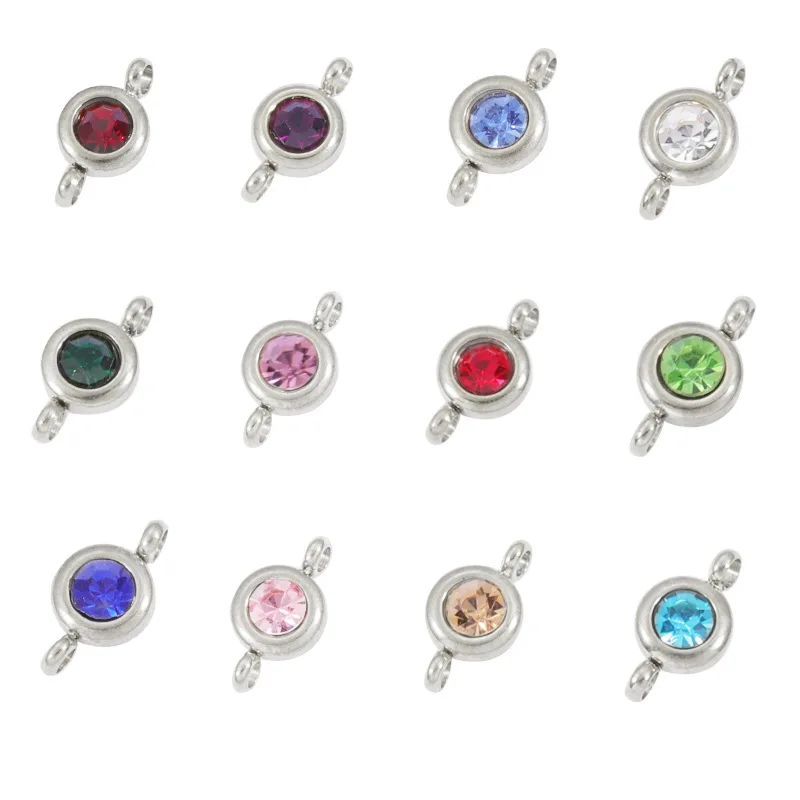 Rumnvnty 12pcs Stainless Steel DIY Birthday Stones 12 Months Birthstone Charms Double Hole Sliver Color DIY Necklace Bracelet