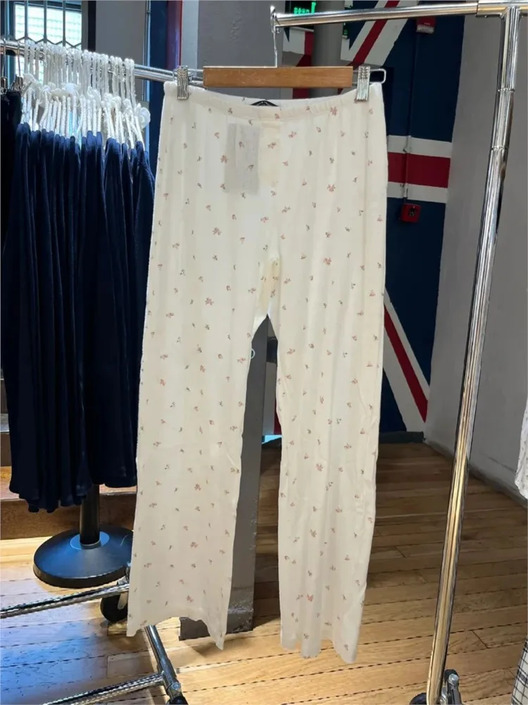 Pantalón de chándal recto con ojal Floral rojo informal para mujer, pantalones bonitos de algodón de cintura alta, pijama Vintage dulce para el hogar, pantalón largo Y2K