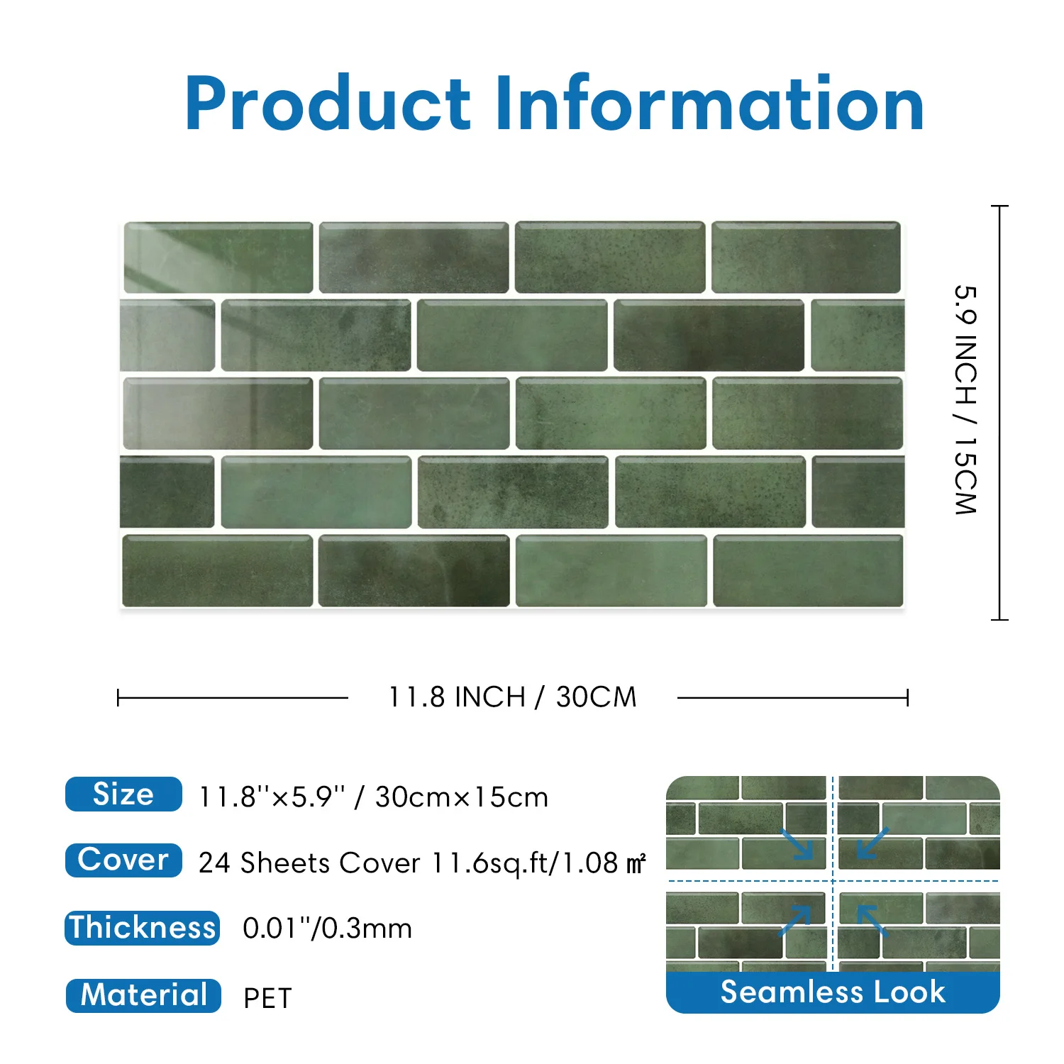 12 Stück selbstklebende Wandfliesen aus PET, grün glänzend, 11,8''×5,9'', wasserdicht, geeignet für Badezimmer, Küche, Schlafzimmer, Wohnmobil usw. – Detail 3